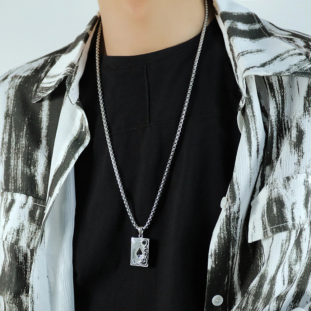 Hip Hop Jewelry Playing Card Ace of Spades Pendant Cool Fashion Men's Stainless Steel Necklace