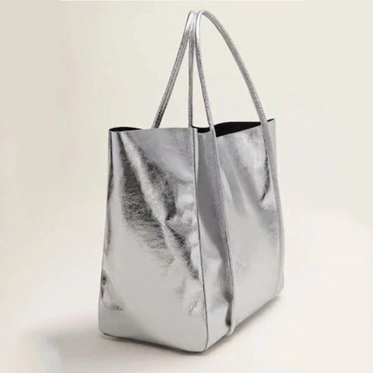 Custom Extra Large PU Leather Metallic Silver Ladies Shopping Hobo Bag Women Tote Handbag