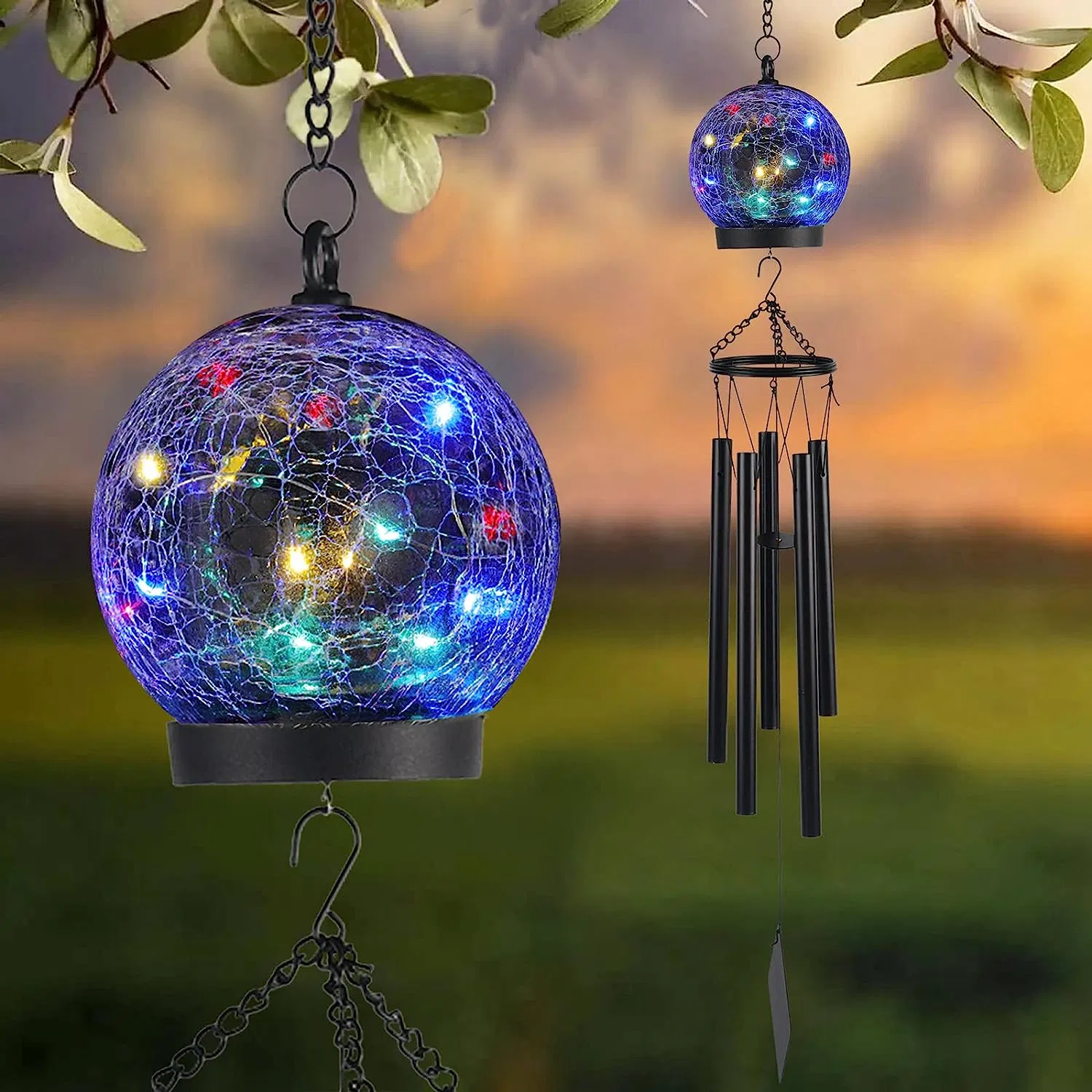 Wind Chimes Outdoor Solar Lights, 42 Zoll große Sympathie Chime 15 LED Twinkle Multi Color Crackled Glaskugel Geburtstagsgeschenke für Frauen Dekorative hängend in gar