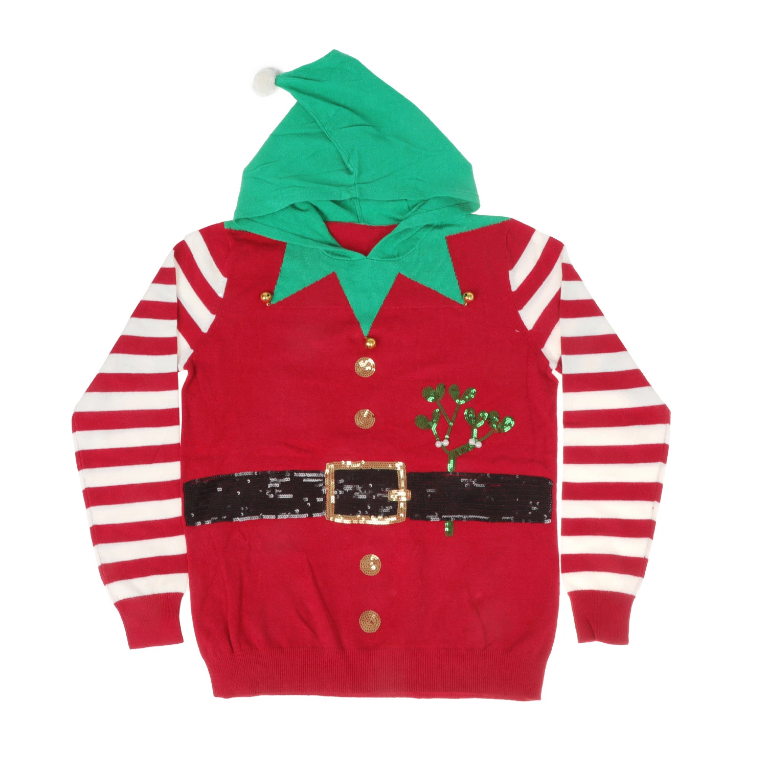 2023 Hot Selling Woman Embroidery Pattern with Stripe Sleeve Christmas Pullover for Christmas Party Jersey with Hoodie Sweater