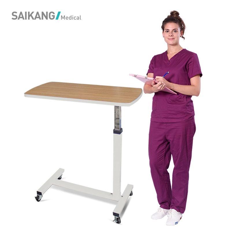 Skh042 resistente de madera Muebles Muebles de Hospital Médico ajustable Overbed Tabla con ruedas