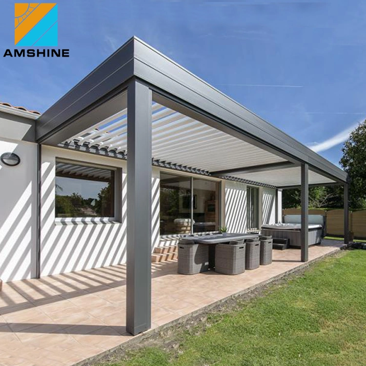 Die Ganze Saison Ferngesteuerte Gewächshaus Elektrische Shutter Aluminium Pergola Vordach Gartenpavillon Gartenmöbeln Louvre Dach mit LED-Streifen Leuchten