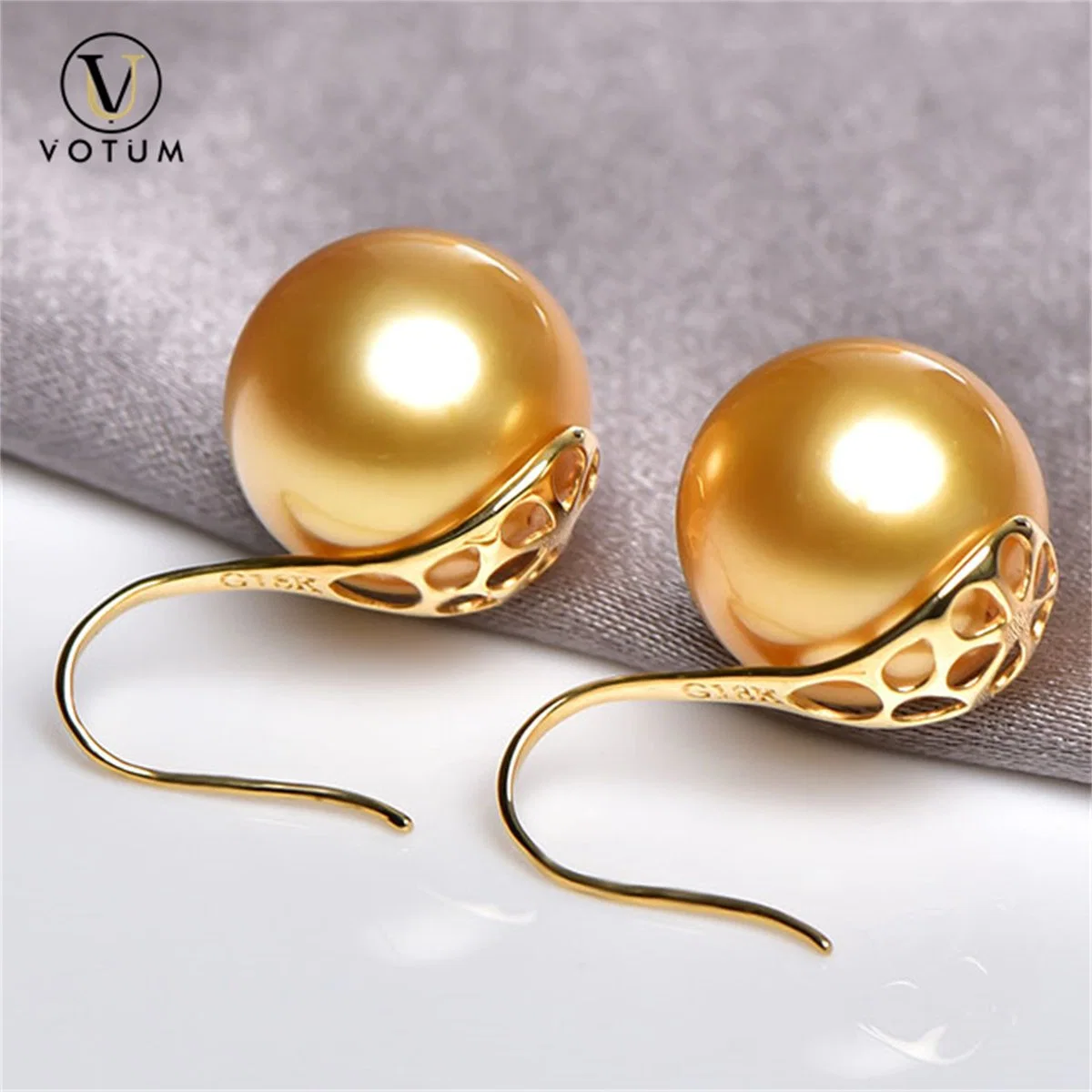 Votum Factory OEM Luxury 18K Real Gold Cultured Seawater South Golden Pearls Wedding Dandle Earring Jewelry