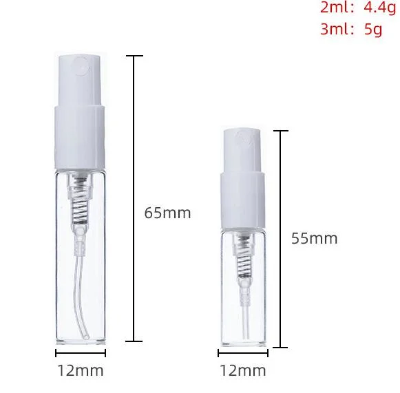 High quality/High cost performance  2ml 3ml Small Perfume Atomizer Vials Sample Glass Bottle with Plastic Spray Pump Mini Crimp Tester Bottles