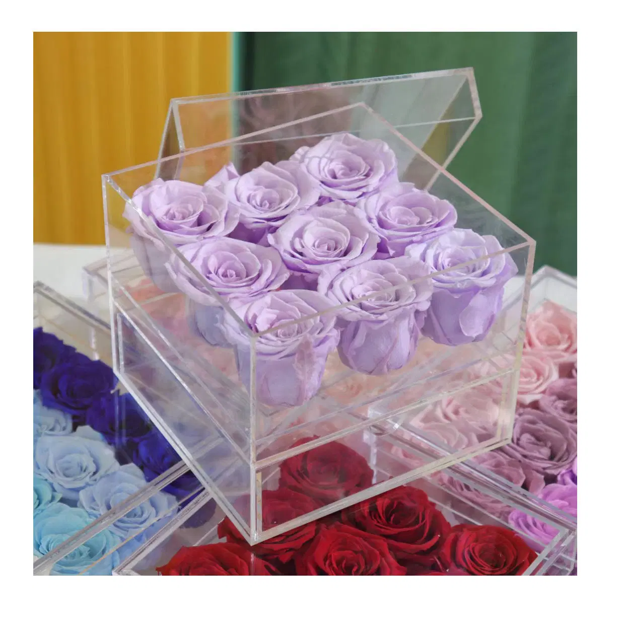 DIY Everlasting Natural Forever Rose lang anhaltende unsterbliche Blume Acryl Box konserviert Rose Blume für Weihnachtsschmuck