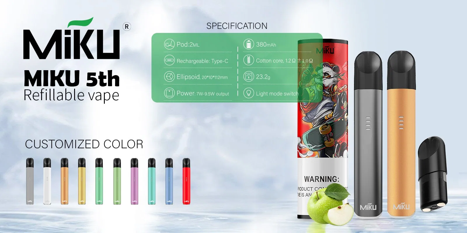 Miku Refilable 5th VAPE Pod 2 ml capacidad líquida 380 Batería mAh con interruptor de modo de luz VAPE