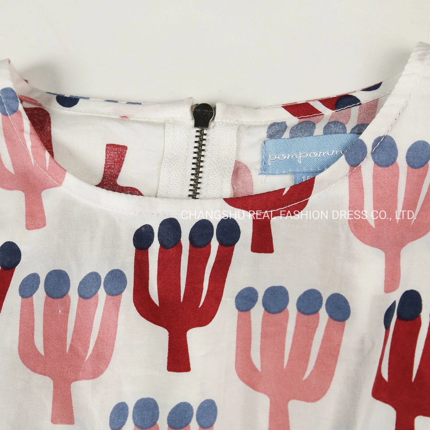 Girl Children White Ground Red Pink Blue Cactus Print Dress Clothes with Metal Zipper at Back Placket