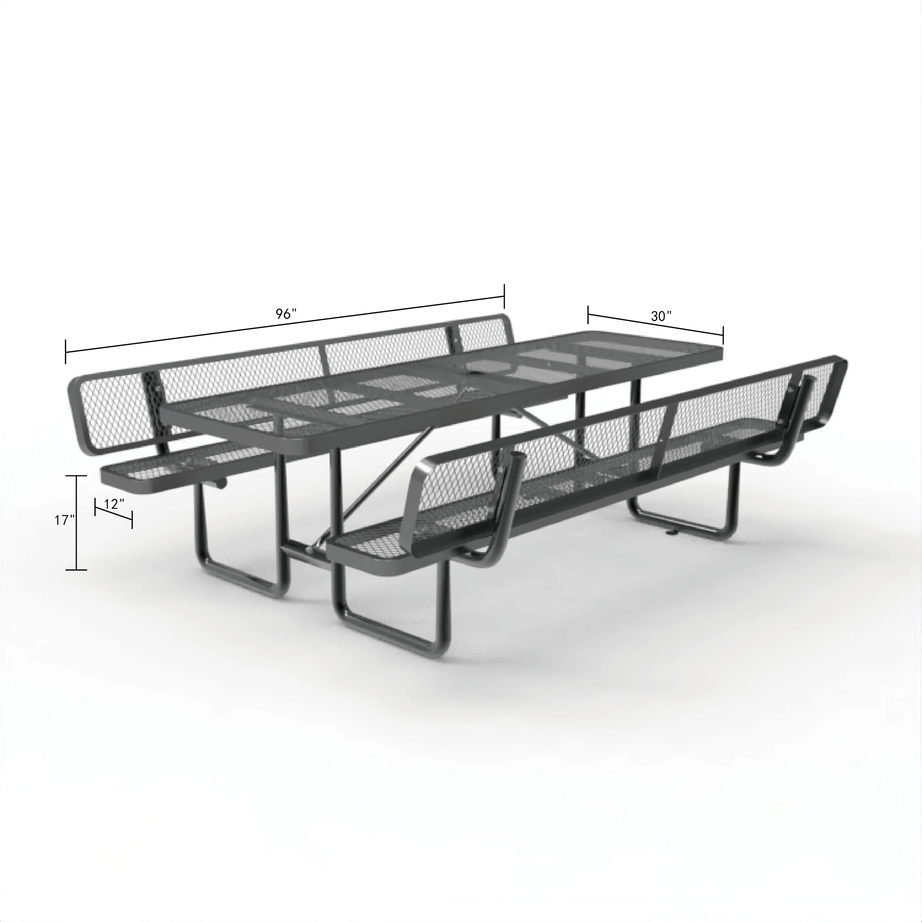 Mesa de piquenique retangular para uso externo OEM 96", mesa de metal para jardim e cadeiras com encosto, metal expandido, preto