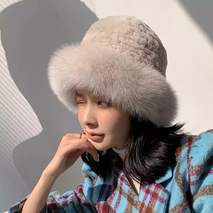 High Quality Knitted Fox Fur Winter Hats Real Rabbit Fur Bucket Hat for Women