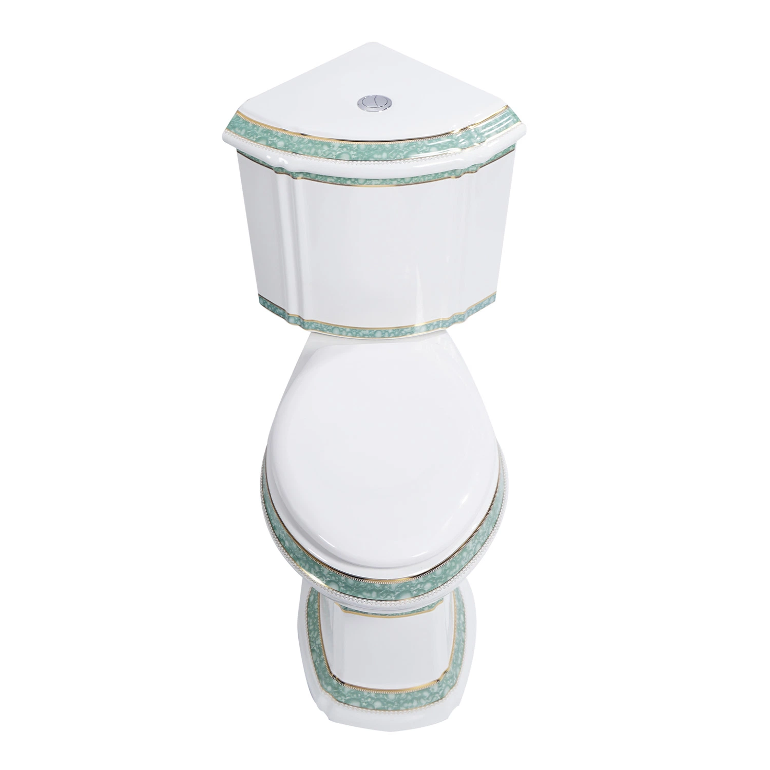 Luxurious Green and Gold Finish Elongated 17.7 Inches Seat Height Dual-Flush Cupc Water-Saving Two Piece Ceramic Corner Toilet with Toilet Seat Sanitary Fixture