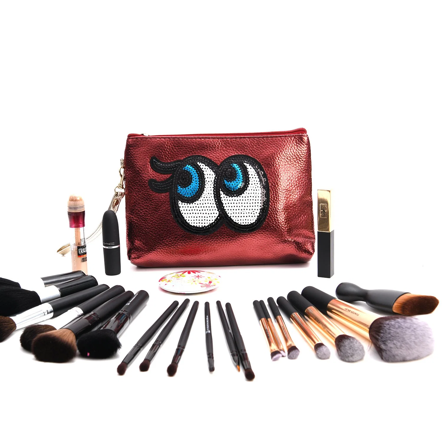 Soft PU Makeup Bag Cosmetic Pouch with Eyes Image and Shiny Sequin Design