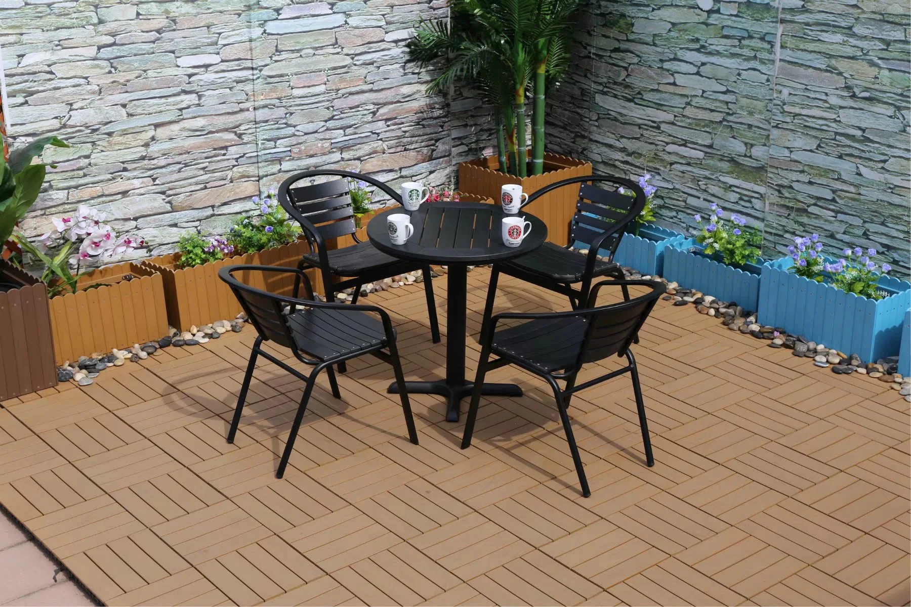 High quality/High cost performance  Outdoor Courtyard Garden Dining Metal Aluminum Frame PS Plastic Wood Table and Chair Combination Furniture Set