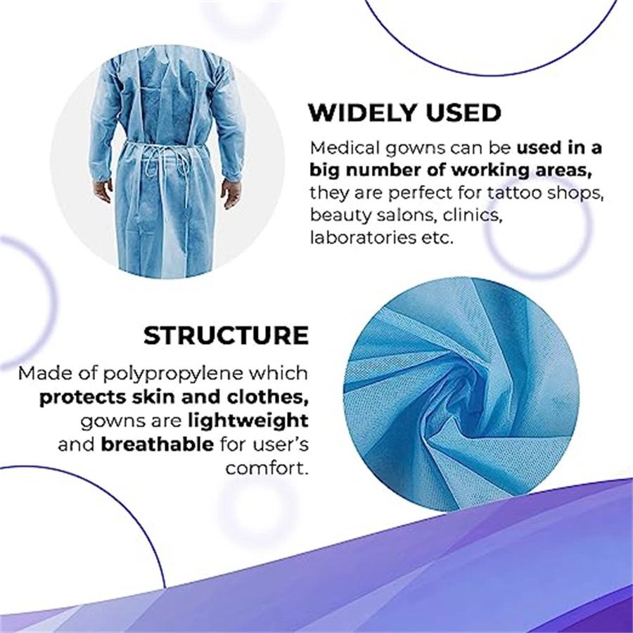 Disposable Isolation Gown Lab Gown with Knit Cuff Long Sleeve Fluid Resistant Blue White