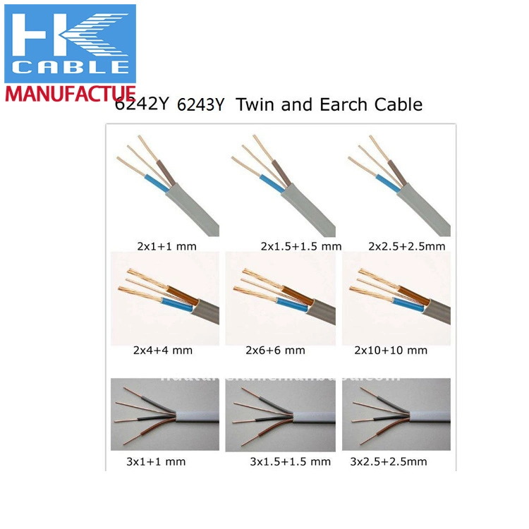 Flat Electrical Wire 2X1.5mm2+1 Copper Conductor Twin and Earth Cable 6242y Twin and Earth Cable