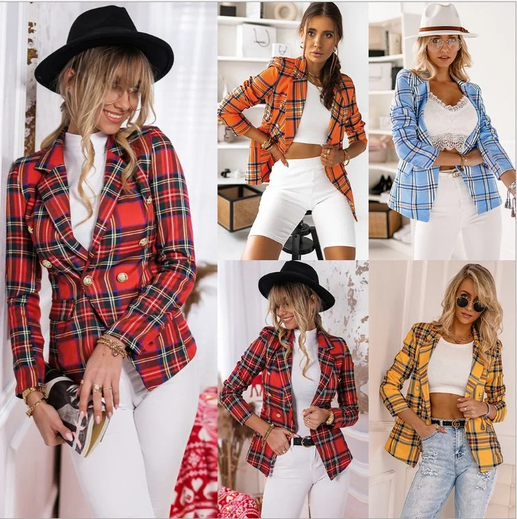 European New Style Women Slim Casual Plaid Short Suit