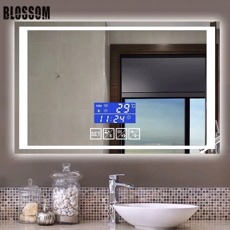 مرآة LED للحمام بتقنية Bluetooth الذكية مع ساعة رقمية مضاءة بدون مفتاح
