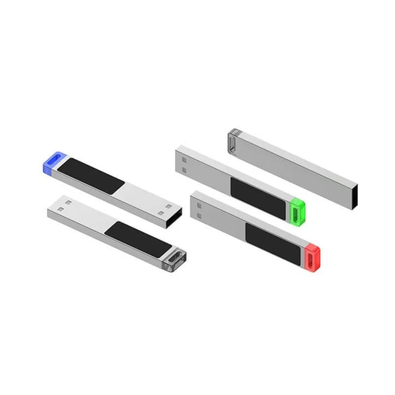 Clé USB métallique fine 2.0 avec logo LED personnalisé disponible.