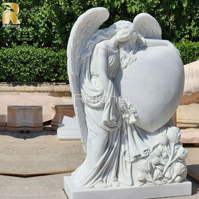 Hot Sale White Marble Stone Cemetery Weeping Angel Tombstone Memorial Angel Headstone