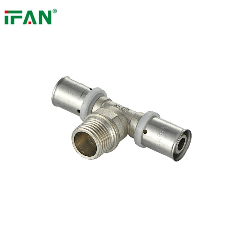 Ifan 1/2''-3/4'' Silver Color Equal Pex Press Male Thread Brass Tee Fitting