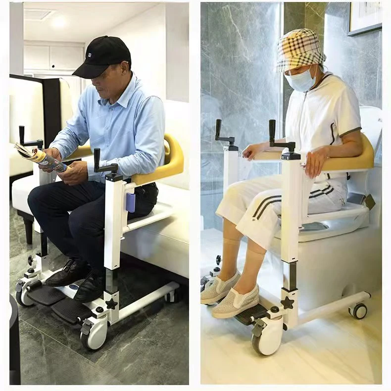 La atención de salud de elevación manual multifunción silla de ruedas plegable para wc cómoda silla de traslado de pacientes ancianos