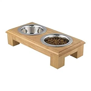 Cat Feeder Made by Handy Carving Wood Board and Stainless Steel Bowl