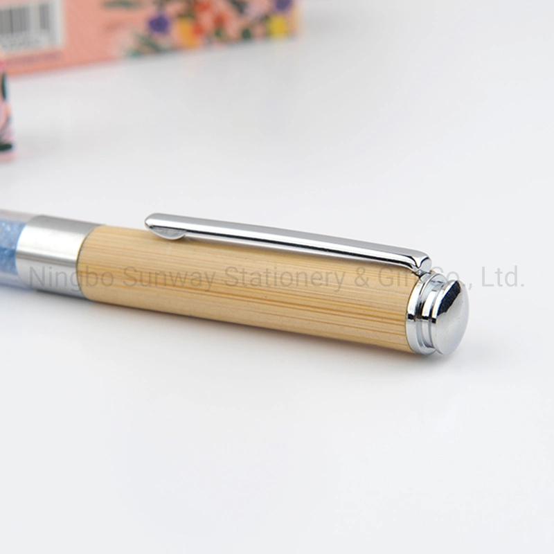 Promotion Stationery Bamboo Twist Pink Color Diamond Decoration Pen with Metal Clip