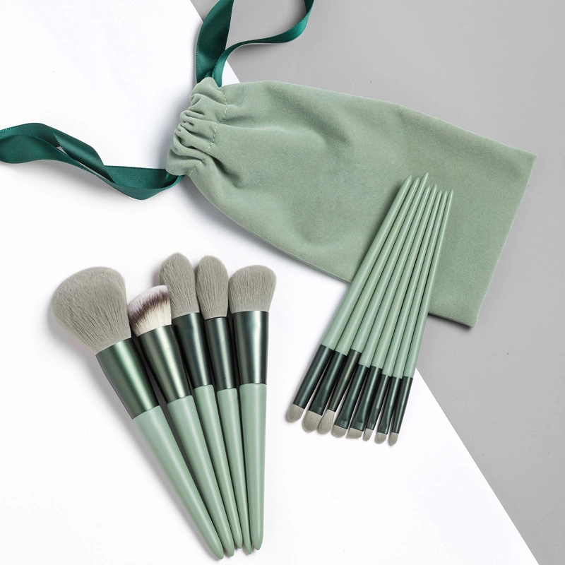 13PCS Spring Green Makeup Brush Set with Velvet Drawstring Pouch Bag Beauty Make up Brushes