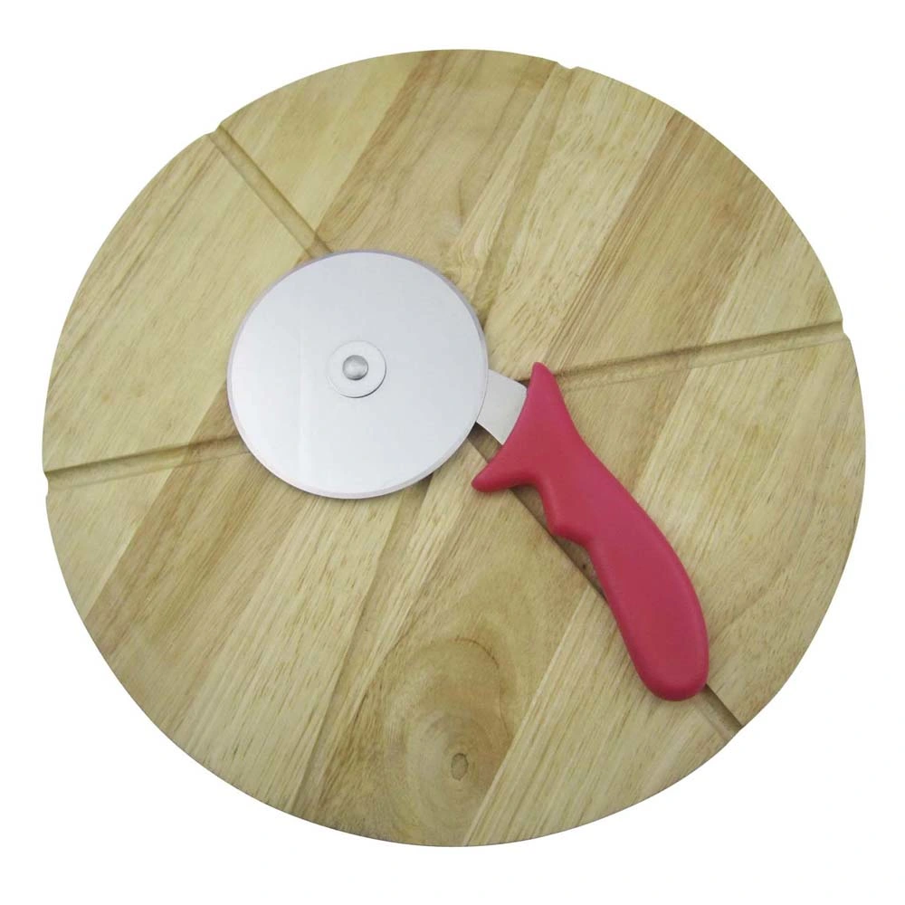 2PCS Red PP Handle Pizza Cutter Knife with Rubber Wood Cutting Board