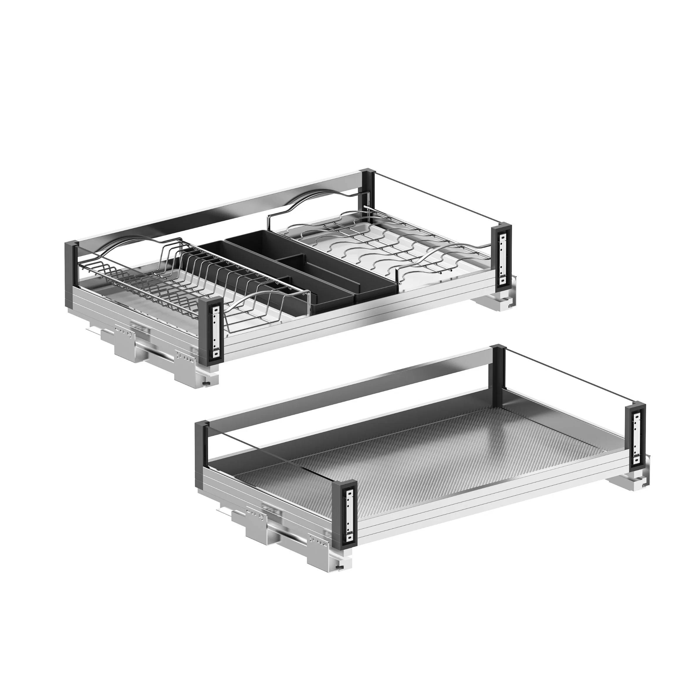 Kitchen Tempered Glass & Aluminium Storage Three Side Sliding out Rack Kitchen Pull out Basket