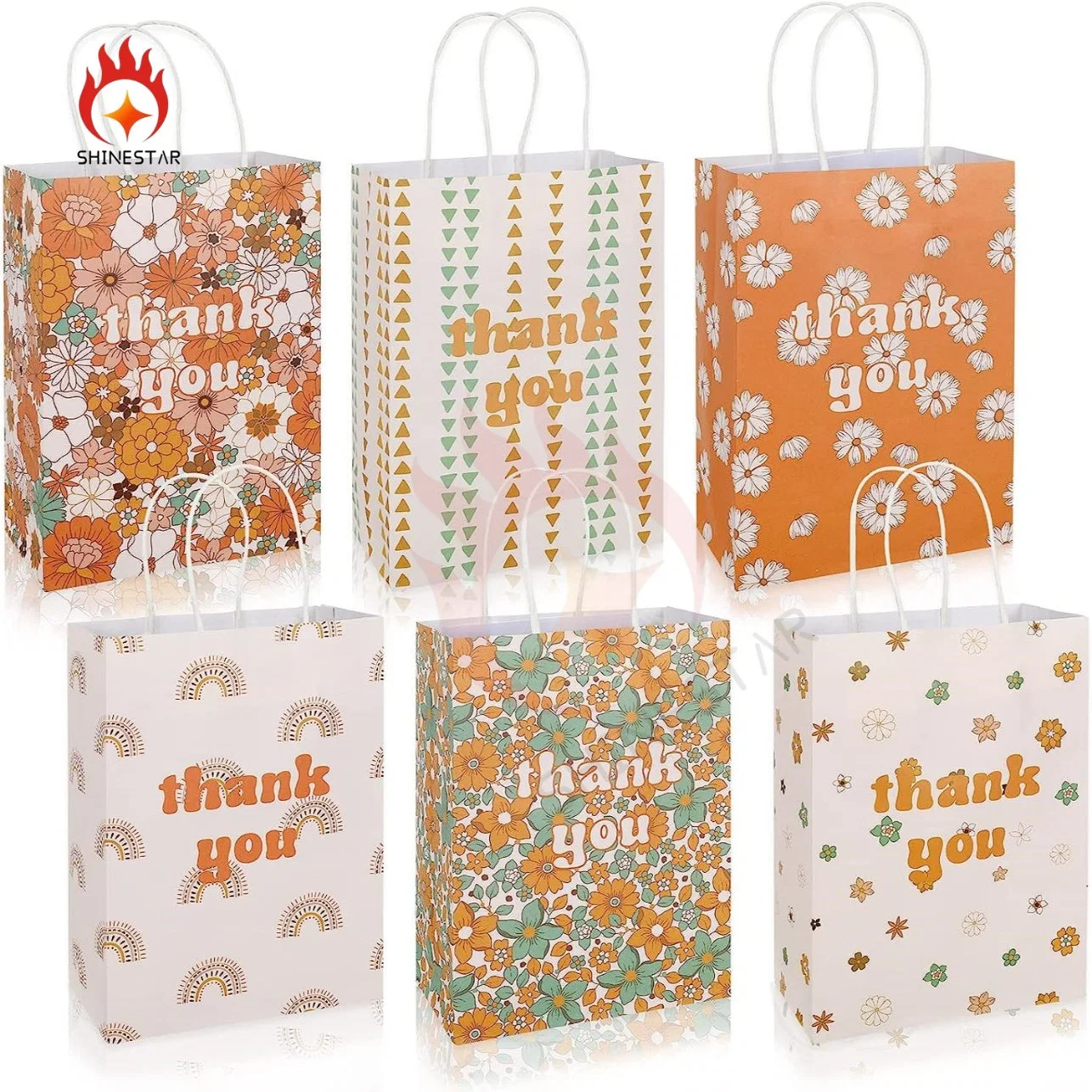 Gift Bulk Retro Rainbow Flower Paper Gift Packaging Stnd up Packing Bags with Handle