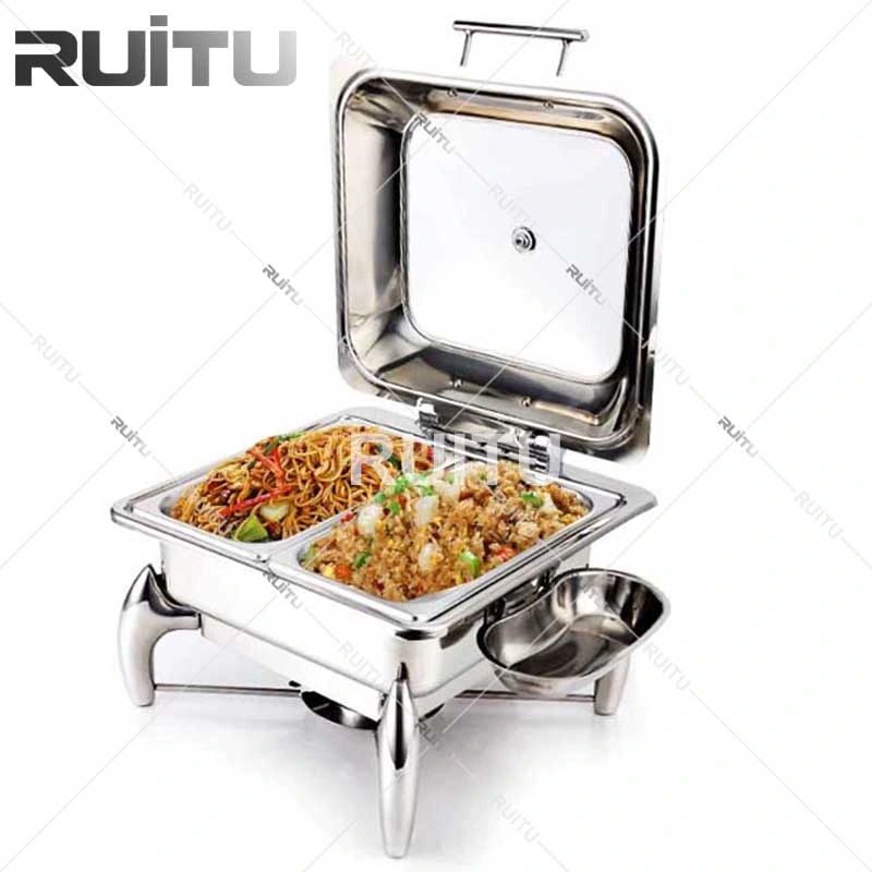 Matériel de cuisine Catering Occasion Buffet plaqué argent Chafers avec couvercle en verre 3 Compartiment du diviseur de plateaux en acier inoxydable alimentaire sous forme de buffet plat de frottement