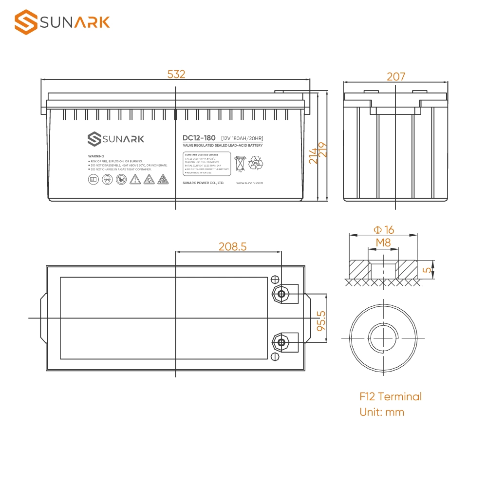 High Performance Sunark Deep Cycle 12V 180ah 20hr Battery 170 Ah Batteries Power