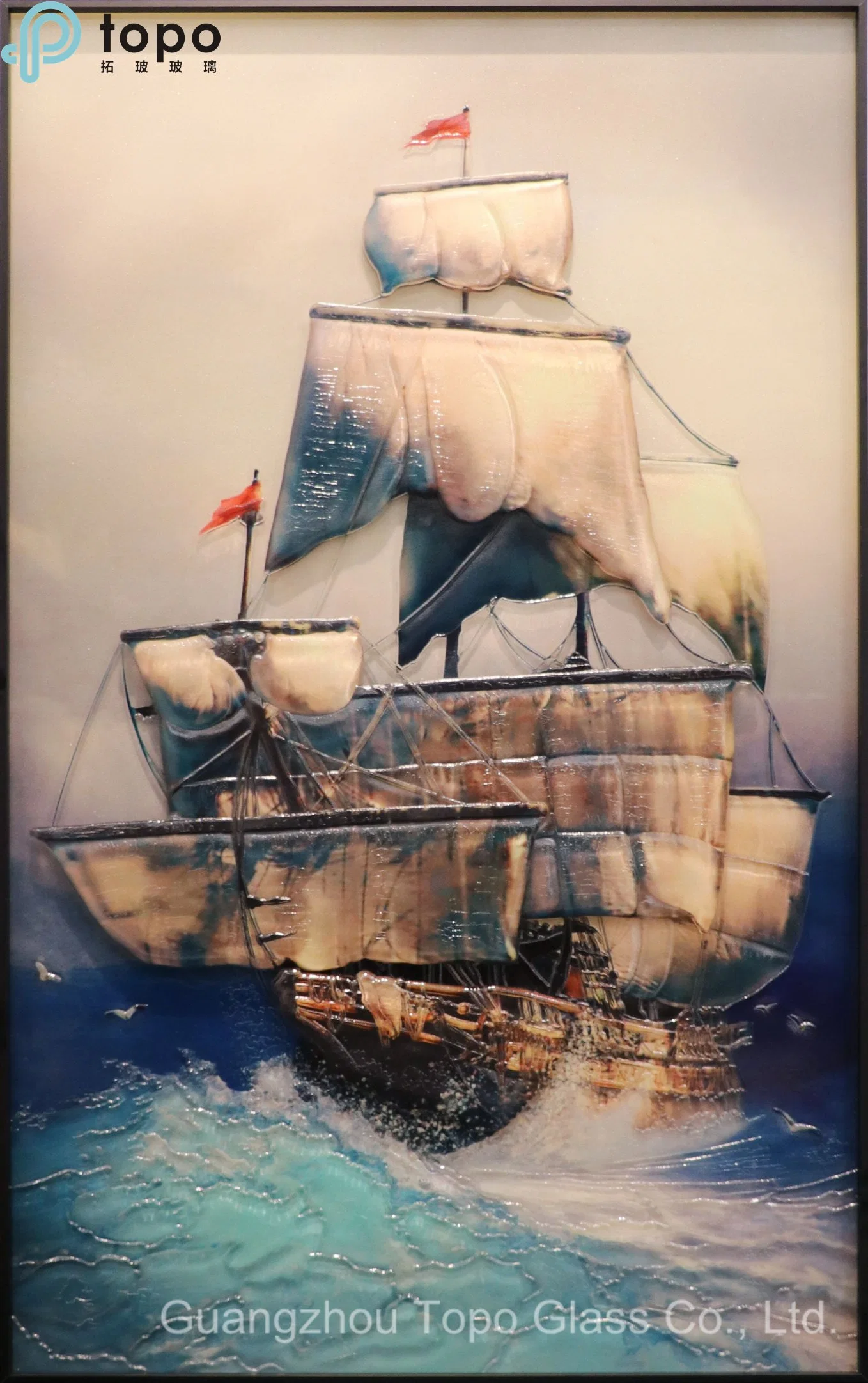 Colorful Lifelike Sea Sailing Ship Decorative Art Glass Painting for Wall Decor (MR-YB17-828)