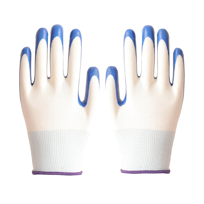 Factory Wholesale/Supplier Blue Nitrile Coated Gardening Safety Grip Gloves White Polyester Nylon Work Gloves