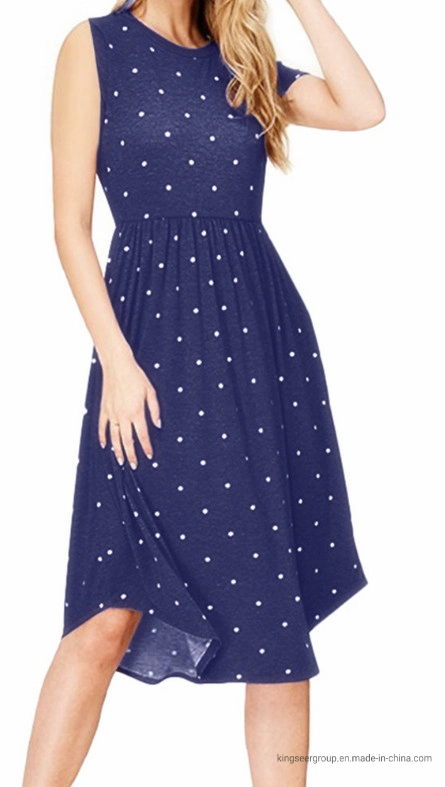 Fashion Hot Sale Lady Skirt Printing Dots Round Neck Casual Women Long Dress