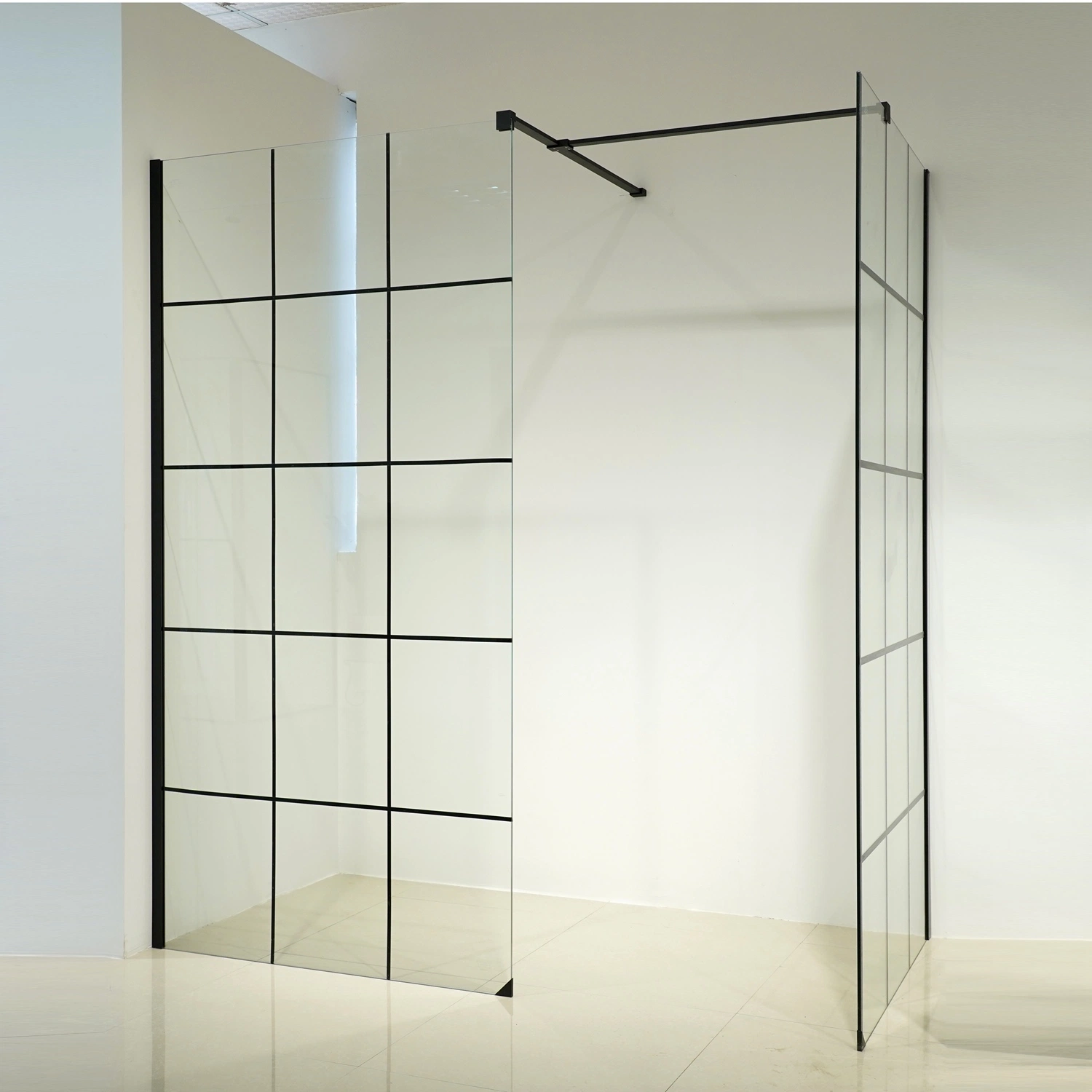 Matte Black Grid Framework Walk in 2 Fixed Panels Shower Screen