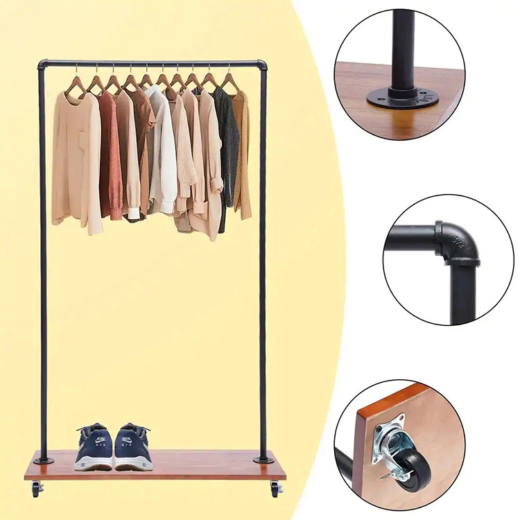 Jh-Mech Wooden Bottom Shelves with Rolling Wheels Free Standing Clothing Rack