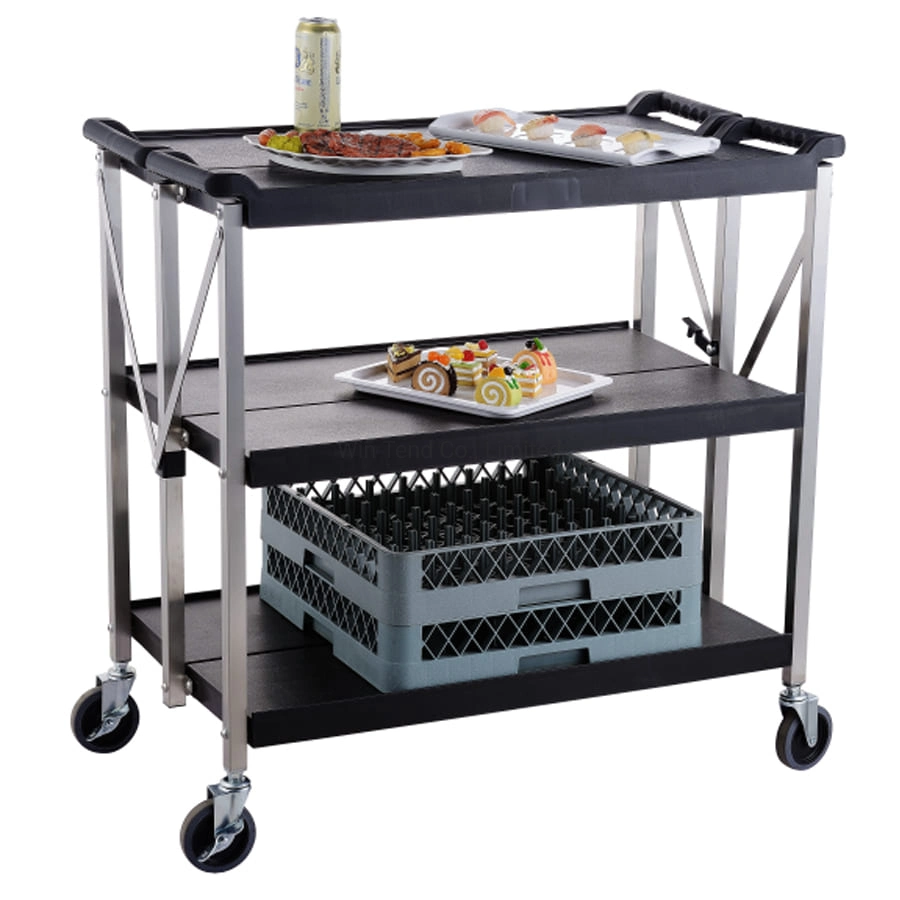 Foldable Plastic 3-Tier Storage Pushing Trolley Cart