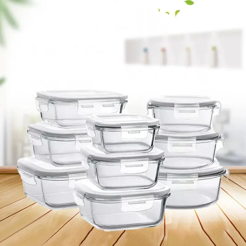 Wholesale/Supplier Rectangle Microwave Oven Sealed Food Container 330ml-1050ml Glass Bowl Food Containers Sets with Lids for Meal