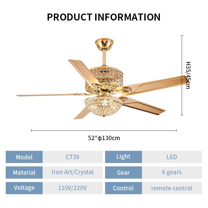 Golden Color 5 Blades Romote Control Luxury Indoor Outdoor Ceiling Fan Light