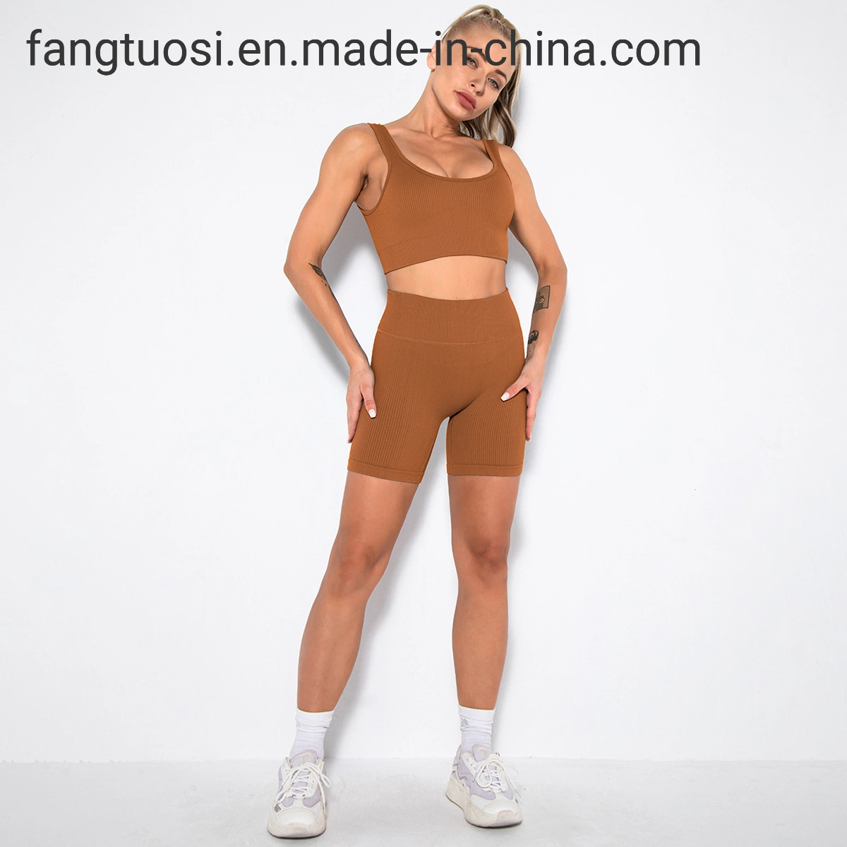 Ensemble de soutien-gorge de sport pour femmes, vêtements de fitness sexy côtelés pour la salle de sport, tenues de yoga taille haute, vêtements de sport athlétiques, ensemble de shorts de cycliste de yoga.