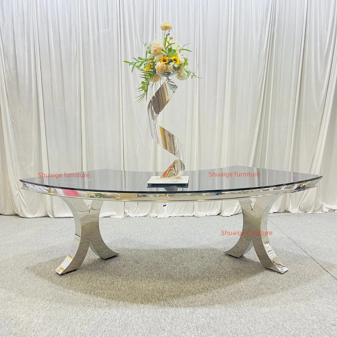 Round Gold Stainless Steel Dining Tables Wedding S Shape Table with Glass Top