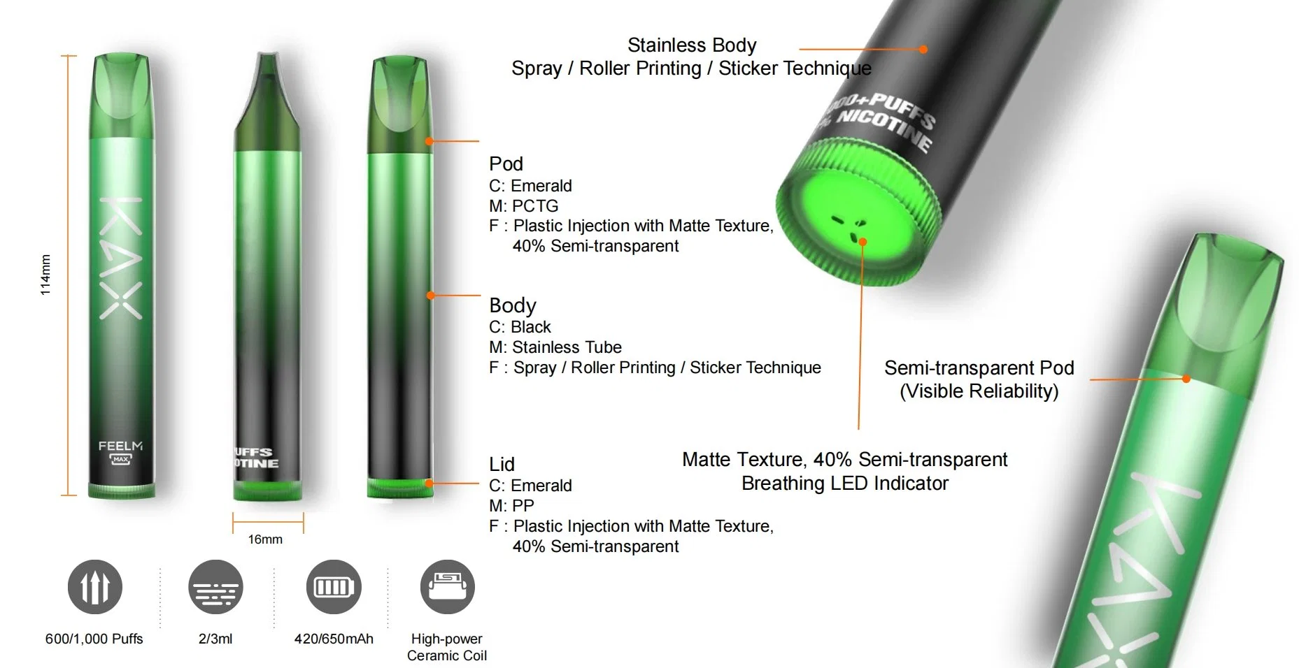 Factroy OEM 800puffs E CIG Corea bobina cerámica de baja nicotina Vaporizador desechable