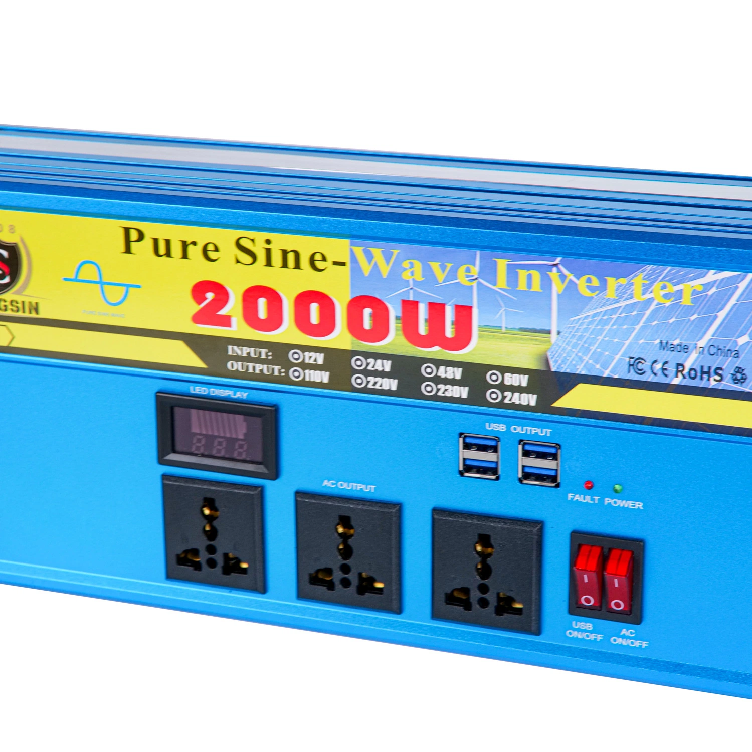 Onde sinusoïdale pure Inverter 2000W 12V 24V DC/AC convertisseur avec quatre ports USB et affichage LED