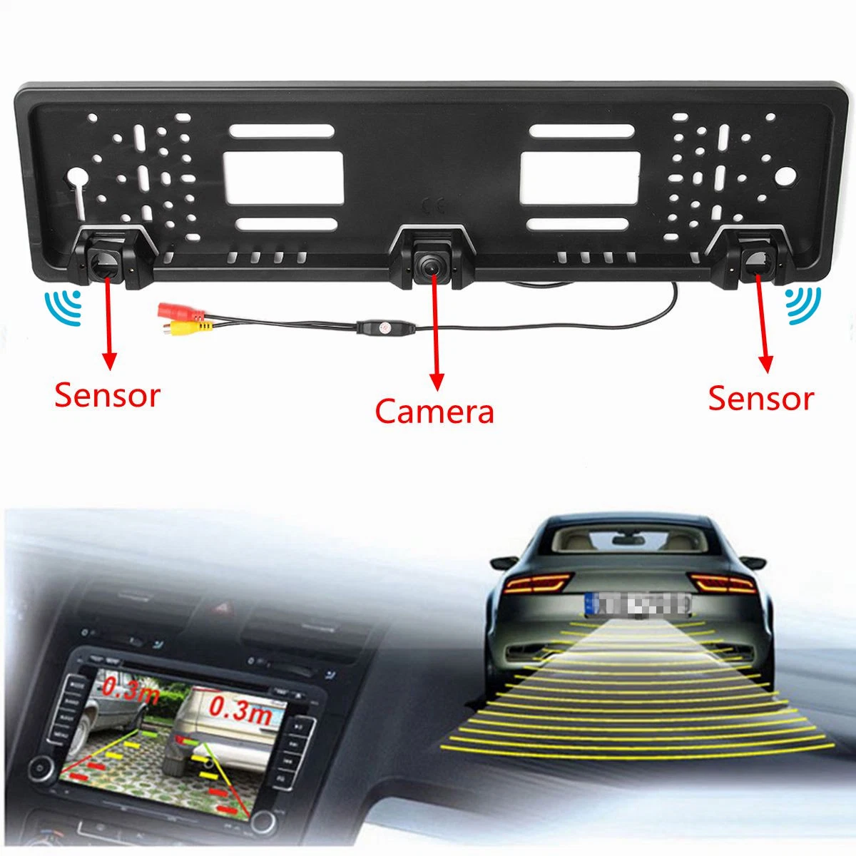 لوحة ترخيص الاتحاد الأوروبي السيارات الرجوع للخلف كاميرا الرؤية الخلفية+مجس التوقف مسبار الرادار