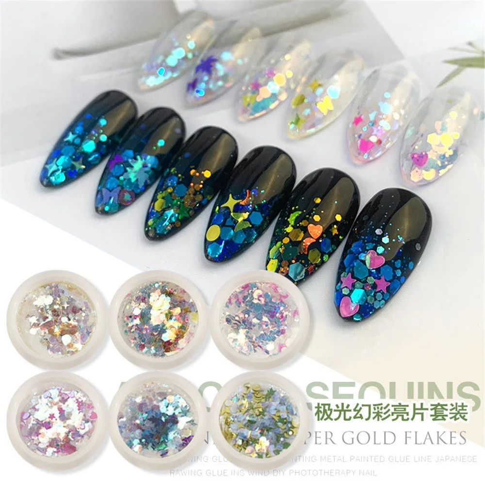 6-Style Glitter Nail Art Sequin Sticker Decoration Kit for Nail Care Beauty