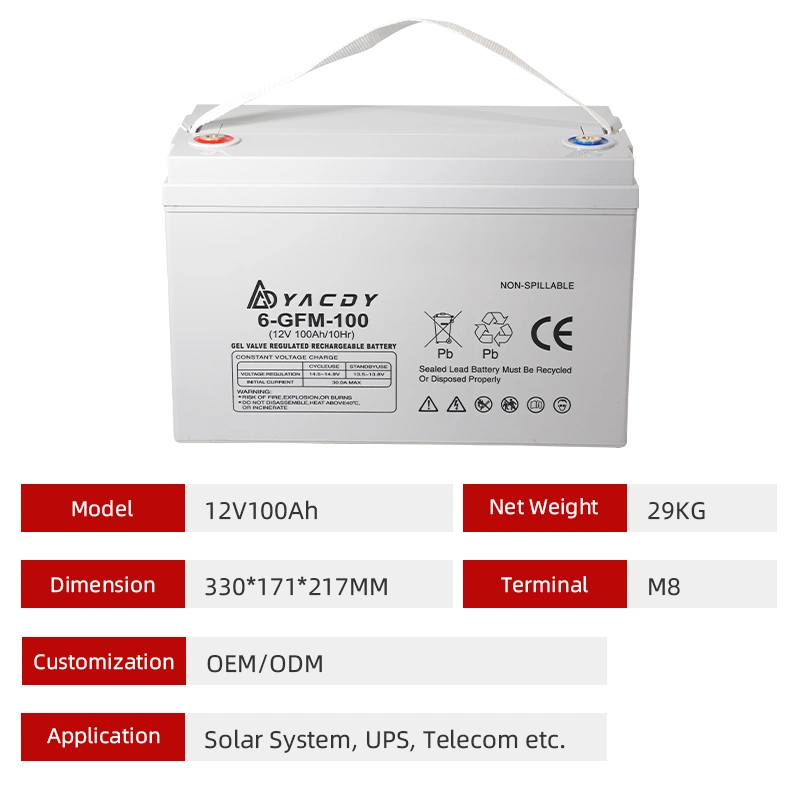 12V100ah/150ah/200ah/250ah Lead Acid AGM Gel Maintenance Free Deep Cycle Rechargeable Solar UPS Storage Battery for Solar Panel Solar System Inverter