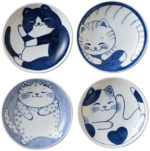 Japanese Small Plate Set Ceramic Cute Cats Design Appetizer Dessert Sushi Sauce 3.94 X 0.8 Inches Set of 4