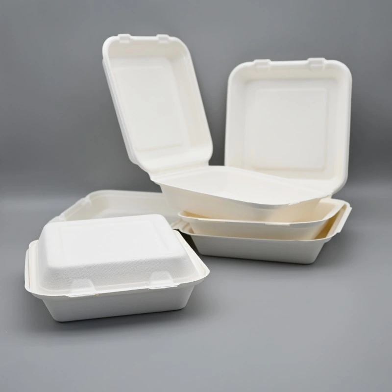 Sugarcane Bagasse Disposable Environmentally Friendly Flip Over Lunch Box 8.5inch