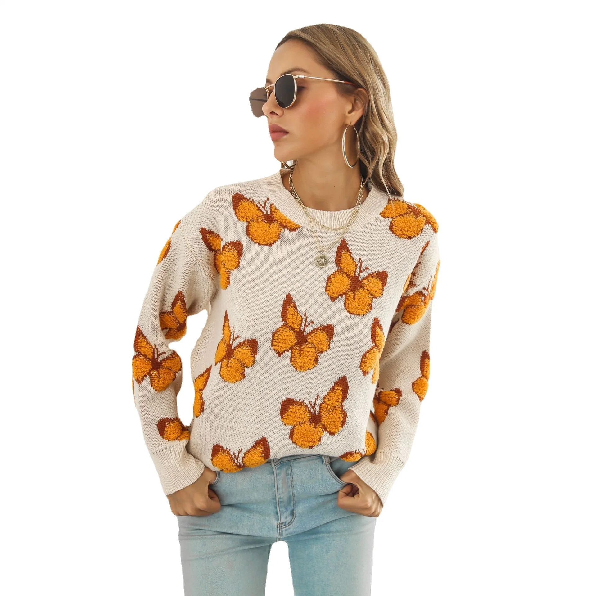 Mariposa estereoscópica de la Mujer Camiseta manga larga y holgada tejer